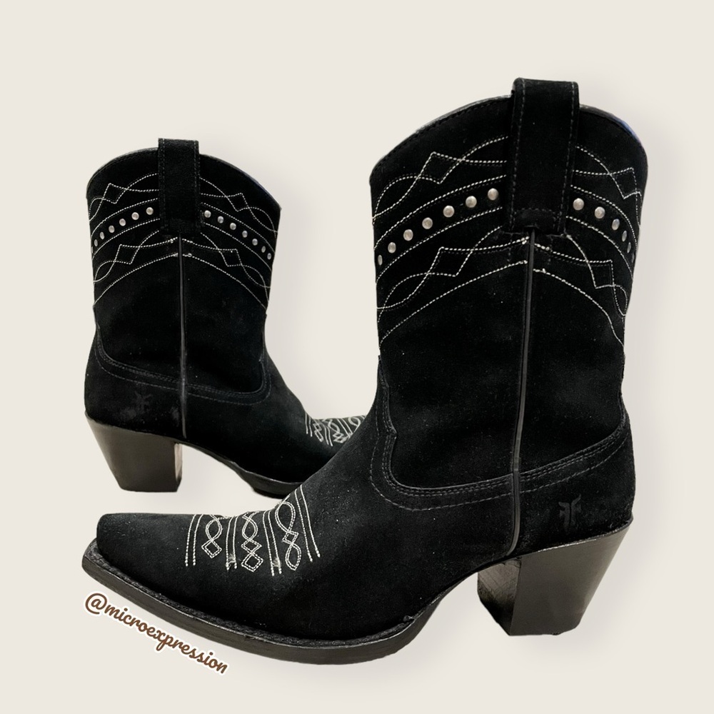 1980 Frye VINTAGE Black Suede Leather Embroidered Boho PullOn Heeled Cowboy Boot